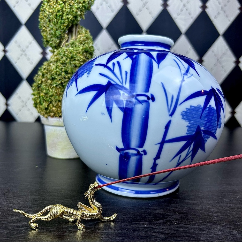 Blue White‎ Porcelain Bamboo Vase Chinoiserie 6.5” Grandmillenial Japan Decor
